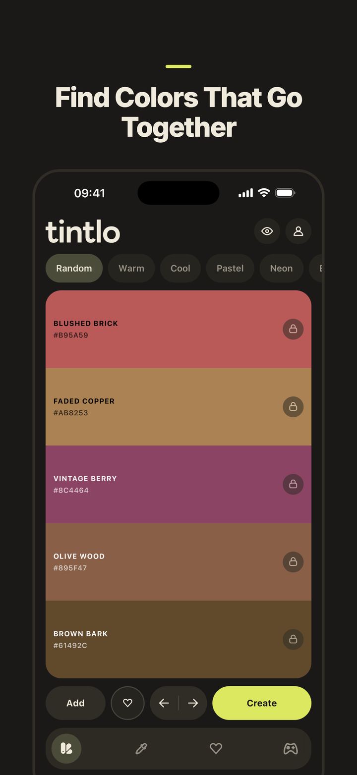 A randomly generated color palette in Tintlo